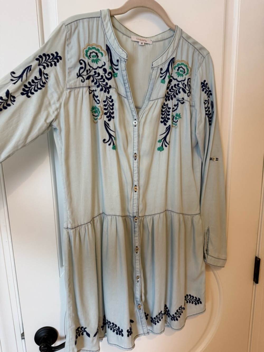 OndadeMar Pale Blue Tunic with Navy Embroidery Tunic Dress